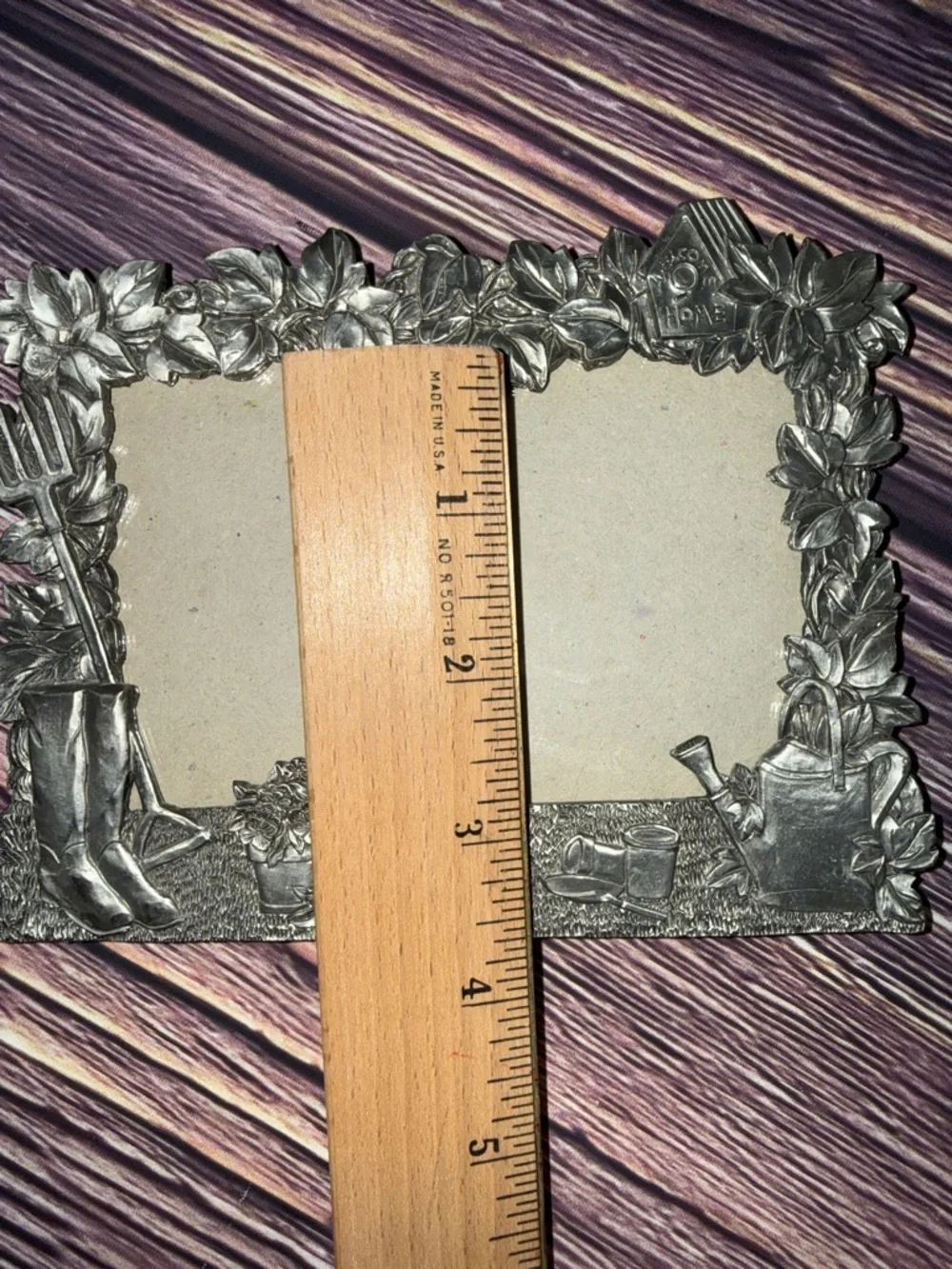 Perfect Art Nouveau Pewter Garden Theme Silver Photo Frame. Watering Can Flowers